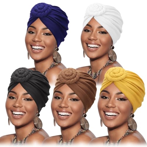 DRESHOW 5 Pack Knotted Headwraps for Women African Turban Pre-Knotted Beanie Headwraps Hair Covers - color: 5 Pcs Donut Flower: White, Yellow, Navy Blue, Dark Coffee, Black