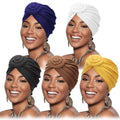 DRESHOW 5 Pack Knotted Headwraps for Women African Turban Pre-Knotted Beanie Headwraps Hair Covers - color: 5 Pcs Donut Flower: White, Yellow, Navy Blue, Dark Coffee, Black