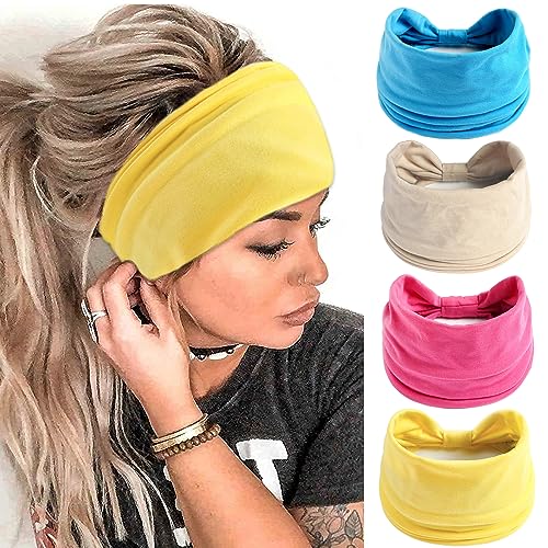 FULZTEY Wide Headbands for Women Non Slip Hairbands Thick Knotted Head Bands Yellow Turban Stretchy Workout Sport Yoga Bandanas Solid Color Hair Accessories for Female and Gilrs 4Pcs - color: Style 15