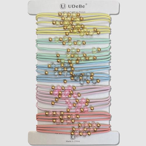 10pcs Colorful Hair Ties with Gold & Crystal Beads, Thin Elastic Ponytail Holders for Women - color: Yellow,Mint Green,Blue, Pink,Coral