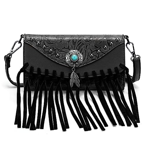 LAVAWA Small Crossbody Bags for Women Crossbody Handbag Fringe Purse Tassel Shoulder Bag Turquoise Concho Wallet - color: Western Black