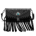 LAVAWA Small Crossbody Bags for Women Crossbody Handbag Fringe Purse Tassel Shoulder Bag Turquoise Concho Wallet - color: Western Black