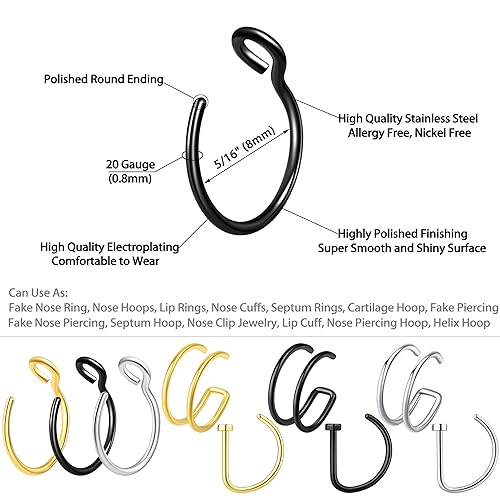 5-18 Pcs Nose Rings Hoops Fake Nose Ring Fake Septum Fake Lip Rings Fake Septum Piercing Fake Nose Piercing Fake Nose Hoop Double Hoop Nose Ring Fake Double Nose Ring Nose Cuffs Faux Nose Rings Clip On Cartilage Hoop Earring - color: C1: 18Pcs Gold Black