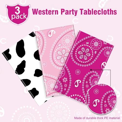 Tatuo Western Party Tablecloth Paisley Table Cover Bandana Plastic Table Cloth Rectangle Floral Tablecloth for Western Cowboy Themed Party 108 X 54 Inch(Deep Rose,Light Rose,Cow Pattern,3 Pack) - color: Deep Rose,light Rose,cow Pattern