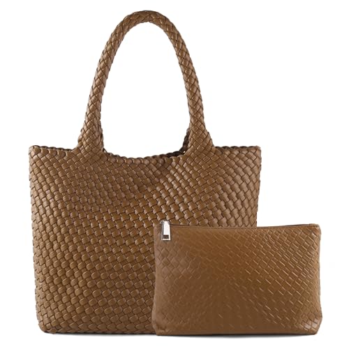 Hand Woven Bag Tote BagS For Women Top Handle Shoulder Vegan Leather Large Travel Beach Hobo Handbag - color: Brown