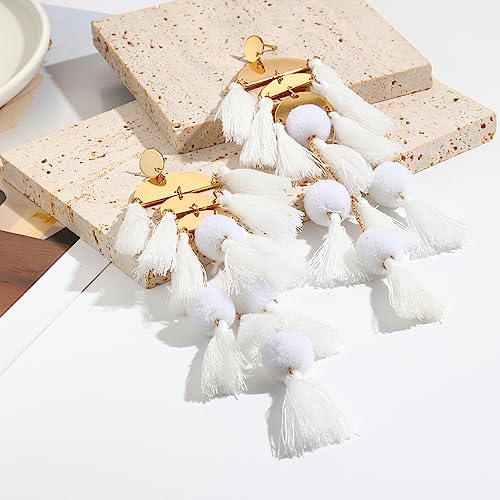 Long Tassel Earrings for Women Colorful Fringe Drop Dangle Earrings Bohemian Hawaiian Summer Beach Jewelry for Womens Vacation Outfits - color: White