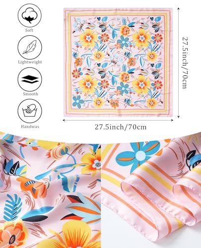 AWAYTR 27.5” Silk Satin Square Head Scarf - 4PCS Satin Head Scarves for Women Hair Kerchief Bandanas Sleeping Head Wraps - color: Flower(black/Pink/White/Yellow)