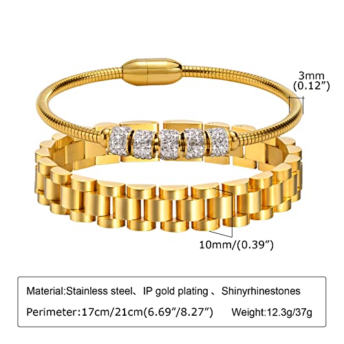 MPRAINBOW 2pcs 18K Gold Plated Chain Link Bracelet, Stainless Steel Crystal Friendship Bracelets Bangle,Watch Band Chains Wristband Jewelry with Adjust Tool - color: Gold-set D