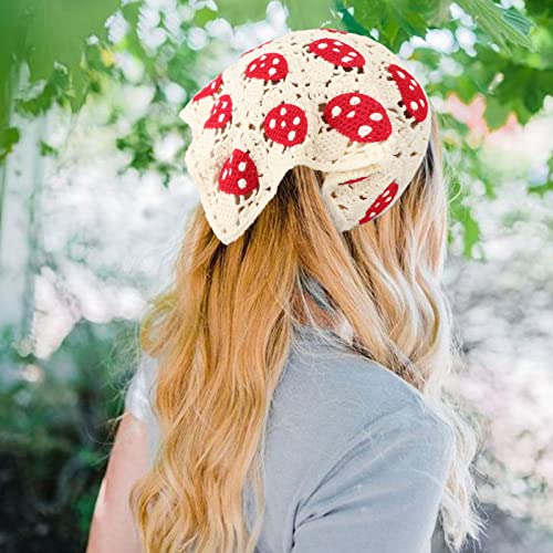 DRESHOW Floral Crochet Hair Bandana Tie Knotted Headscarf Vintage Headband Knitted Head Kerchief for Women Girls - color: 2 Pcs Strawberry Mushroom (Pink + Beige)