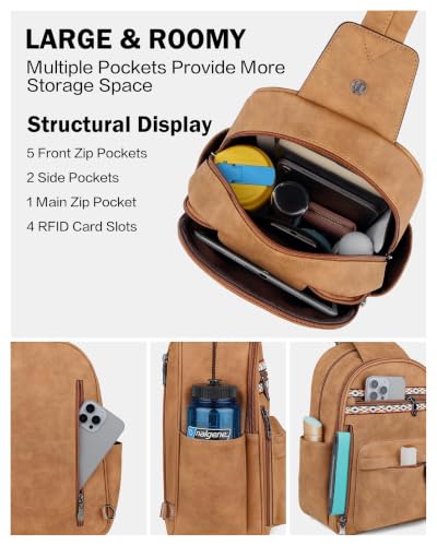 FADEON Large Sling Bag for Women, Leather Crossbody Purse Designer Anti Theft Sling Backpack, RFID Fanny Packs for Travel - color: Camel Brown Nubuck Style