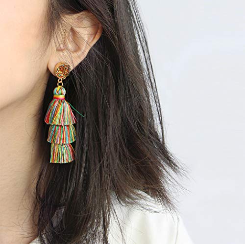 Me&Hz Colorful Layered Tassel Earrings Bohemian Statement Tiered Tassel Big Dangle Drop Earrings for Women Druzy Studs Valentine’s Day Gift - color: Colorful