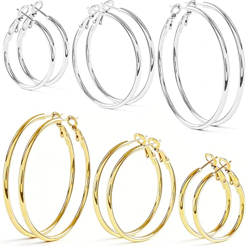 6 Pairs Silver Gold Hoop Earrings for Women - 14K Gold Plated 316 Stainless Steel, Hypoallergenic Lightweight 20/30/40/50/60/70mm Hoops Set - color: Gold & silver
