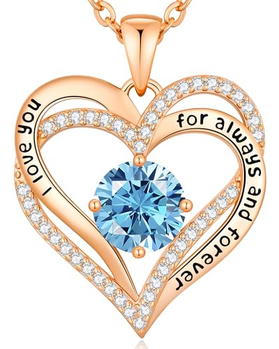 CDE Engraved Forever Love Heart Birthstone Necklace Jewelry Gifts for Women | Hypoallergenic,Nickel-Free & Lead-Free,3 x 3 mm 5A CZ Heart Pendant,Anniversary Christmas Birthday Gift for Girlfriend Wife - color: Birthstone-03-Mar, style: Rose Gold Plated-B