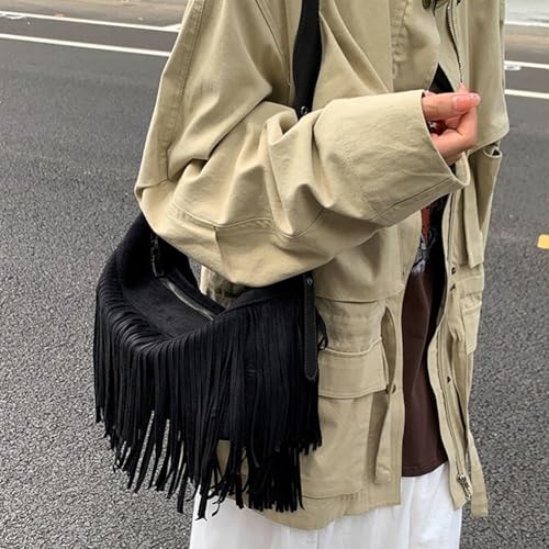 Fringe Genuine Suede Leather Hobo Bag Adjustable Crossbody Shoulder Bag Boho Retro Tassel Handbag Gift Box - color: Black