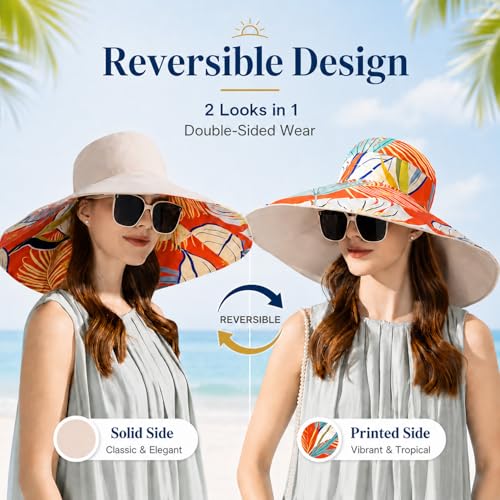 HUAMULAN Women Summer Sun Hat Wide Brim Wired Edge Floral Beach Bucket Hats Reversible Foldable Travel UV Protection Lady Hat - color: Bg8240-mise
