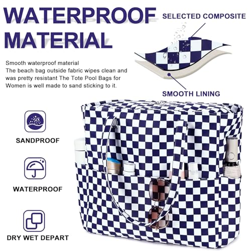 Bluboon Waterproof Beach Tote Pool Bags for Women Ladies Extra Large Carry On Bag With Wet Compartment for Weekender Travel - color: Dark Blue White Checkered