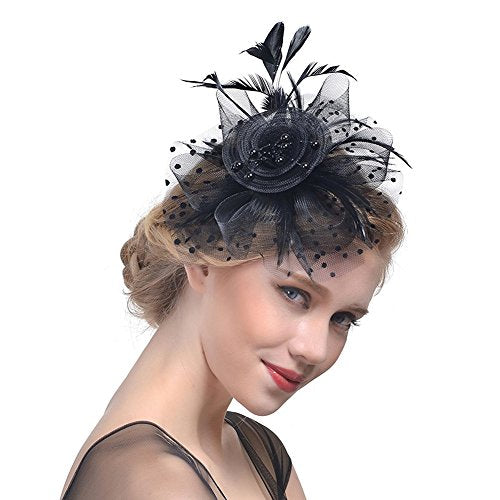 DRESHOW Fascinators Hat Flower Mesh Ribbons Feathers on a Headband and a Clip Tea Party Headwear for Girls and Women - color: 7" Diameter / Black
