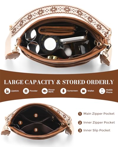 Crossbody Bags For Women, Vegan Leather Crossbody Purses with Boho Strap, Daily Travel Shoulder Handbag - color: Brown