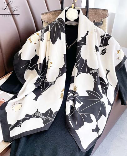 Hioyiwse Head Scarf For Women Hair Bandana 35" Large Square Satin Wrap Sleeping Neck Silk Satin Hair Scarves Lightweight - color: F15-white Flowers and Black Leaves(35*35inch）