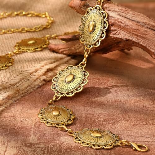 XZQTIVE Women Boho Chain Belts For Dresses Jeans Western Cowgirl Waist Links Belt Adjustable Metal Concho Belt - color: Matte Gold, size: Fit Waist up to 56 In