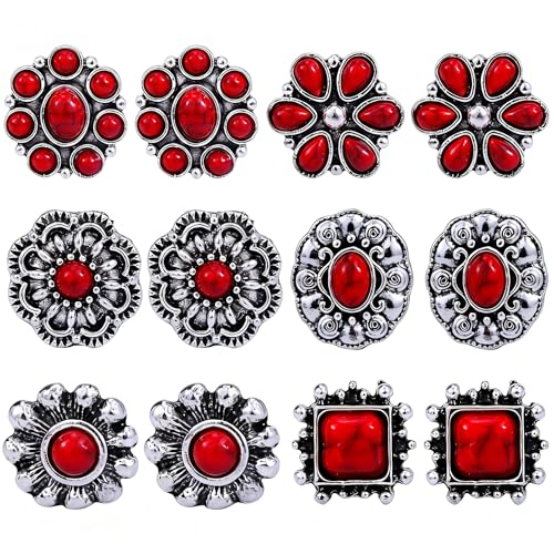 Western Earrings for Women Bohemian Turquoise Earring Set Vintage Turquoise Stud Earring for Women Flower Cowboy Earrings Western Country Concert Rodeo Outfits Jewelry Gift - color: Red