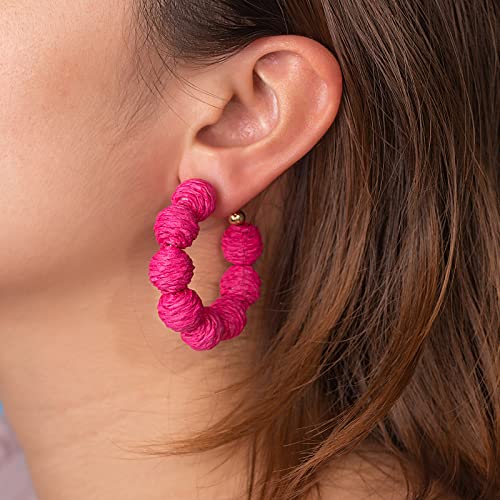 Raffia Hoop Earrings Statement Boho Beaded Earrings Cute Rattan Handmade Colorful Jewelry for Women Unique Summer Outfits - color: Rose