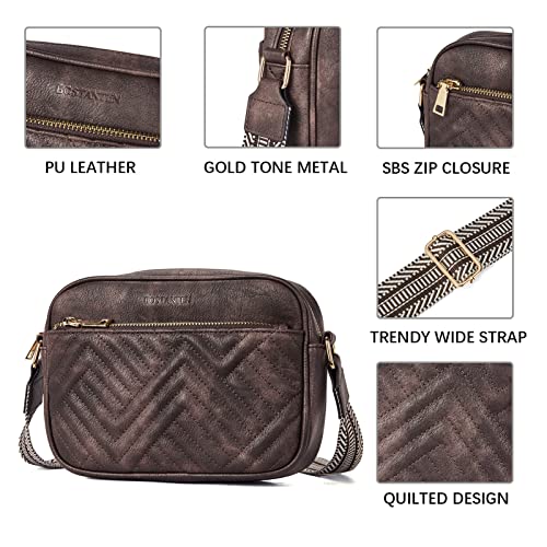 BOSTANTEN Quilted Crossbody Bags for Women Vegan Leather Purses Shoulder Handbags with Wide Strap - color: Coffee