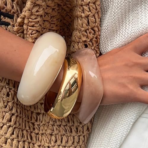FAXHION Chunky Resin Acrylic Bangle Bracelets for Women, Colorful Wide Geometric Bangles Set, Statement Stackable Bracelet Jewelry Gift - color: Light Pink