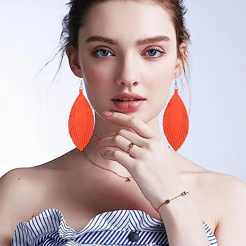 Large Genuine Soft leaf Leather Handmade Fringe Tassel Feather Lightweight Tear Drop Dangle Color Earrings for Women - color: Orange