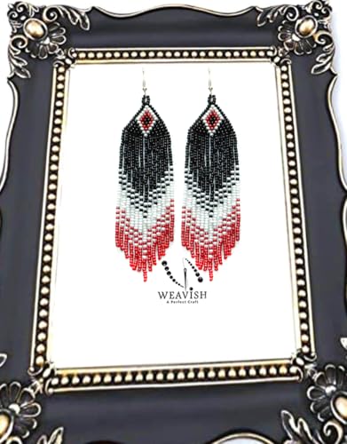 Long Beaded Dangle Earrings – Boho Native Handmade Seed Bead Tassel Bohemian Large Statement Drop Fringes for Women - color: Black