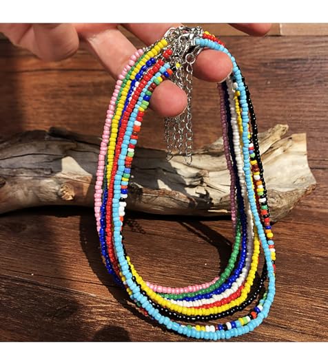 PINK TOWN Colorful Beaded Necklace Bohemian Rice Beads Choker Handmade Summer Beach Necklace for Women - color: Colourful