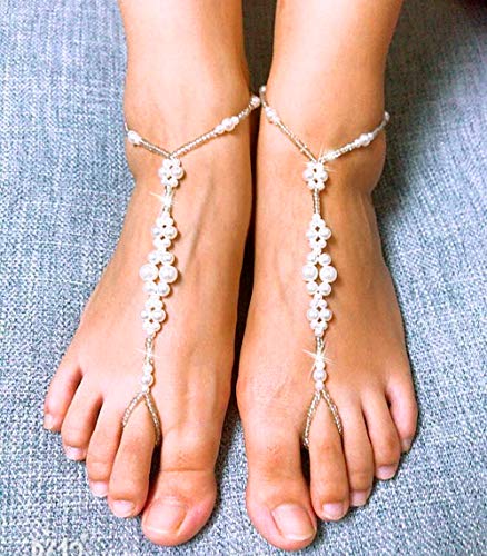 JEWSUN 2 PC Wedding Barefoot Sandals-Bridal Barefoot Sandals-Foot Jewelry-Wedding Sandals-Footless Sandals-Slave Anklet-Wedding Accessories-Beaded Sandles