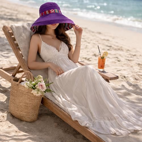 Wide Brim Sun Hat for Women Reversible Beach Hats Metal Wired Edge Gardening Hats, UPF 50+ Bucket Summer Hat - color: Purple Boho-style