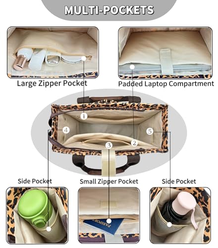 Large Canvas Tote Bag for Women Work Tote Bags with Pockets Laptop Crossbody Purses Everyday Bag Handbags for Travel - color: New Upgrade Plus Leopard