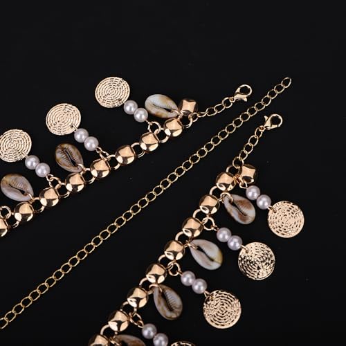 Teyglen Vintage Golden Coin Head Chain with Pearl Shell Tassel Hair Chain Boho Sequins Headpiece Wedding Head Jewelry for Women Beach Halloween Costume Accessory