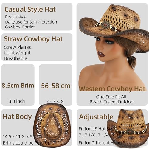 Straw Cowboy Hat for Women and Men with Shapeable Wide Brim Sun Beach Western Cowgirl Hat - color: Khaki-paint