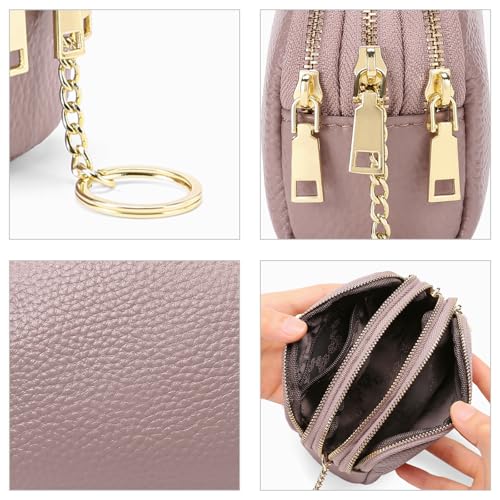 SENDEFN Small Coin Purse Leather 3 Zippered Change Pouch Wallet with Key Ring for Women - color: 1-Pink