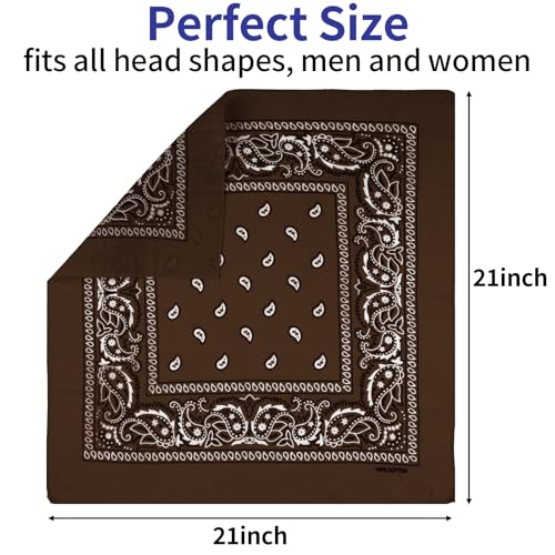 6 Pack Pure Cotton Bandana, Multi-Purpose Square Handkerchief, Face Mask headband for Men and Women - color: Brown