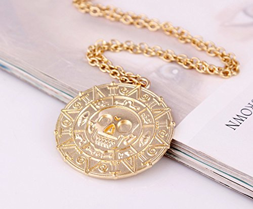 Round Gold Coin Skull Necklace Pendant Dress Accessory Movie Pirates of The Caribbean Medal Necklace Retro Jewelry (Gold