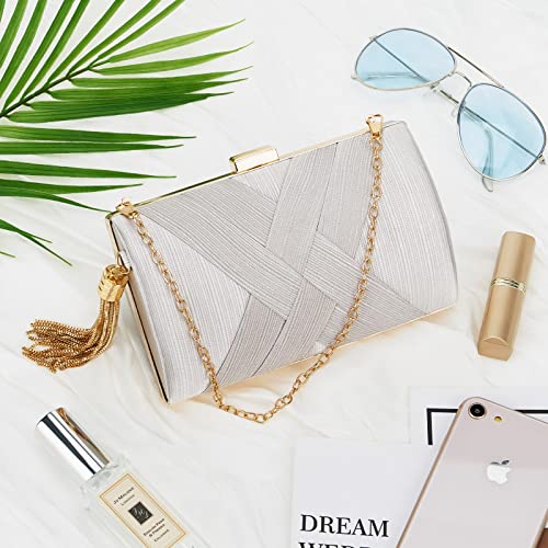 Women Clutch Bag Evening bag Fringed Evening Handbag,Lady Party Wedding Clutch Purse Chain Shoulder Cross Body Bag - color: Silver