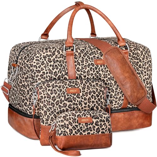 IBFUN Weekender Bags for Women, 21" Weekender Travel Bag, Travel Duffle Bag with Shoe Compartment Carry on Overnight Duffel Bag for Weekend Travel Business Trip, 3PCS - color: A4-Canvas-Leopard