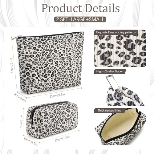 Aliceset 2 Pcs Leopard Makeup Bag Cosmetic Pouch Set Large Travel Toiletry Bag Aesthetic Cotton Zipper Organizer for Women Gift Beauty Essentials(Black Leopard)