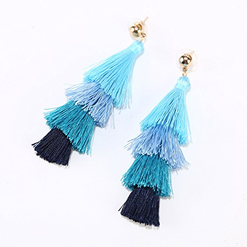 BaubleStar Tassel Earrings Handmade Tiered Thread Tassel Dangle Earrings, Multi Colors - color: Blue Ombre