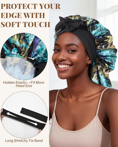 AWAYTR Long Satin Bonnet for Braids - Elastic Silk Hair Bonnets for Sleeping Night Cap Stretchy Tie Band for Women(Print) - color: Print
