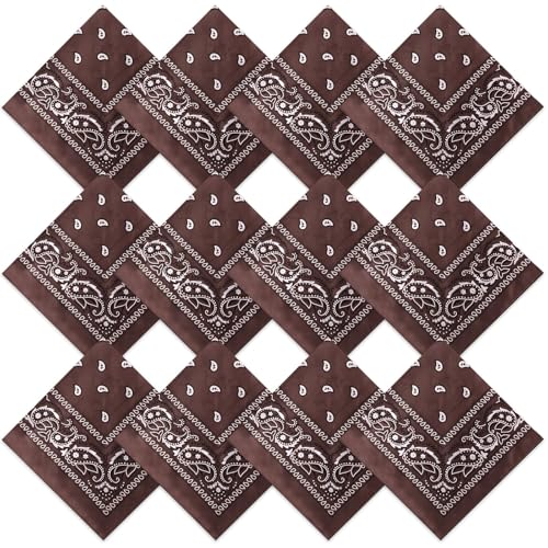 Suhine 12 Pcs Bandanas Bulk for Women Men 22 x 22 Inch Paisley Headband Cowboy Handkerchief Summer Beach Party Costume - color: Coffee