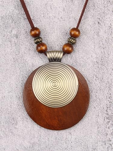 Kelake Leather Necklace for Women Men Teen Vinatge Boho Alloy Pendant Choker Jewelry Fashion Sweater Necklaces with Adjustable Genuine Leather Chain - color: Brown Wood & Gold 2 Layers Round Pendant