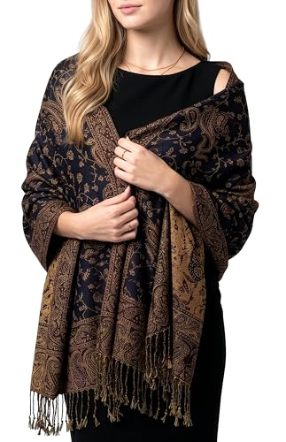 Achillea Reversible Paisley Pashmina Rave Scarf – Exotic Indian Shawls and Wraps for Evening Dresses, Festivals, All Seasons - color: Navy