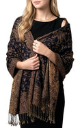 Achillea Reversible Paisley Pashmina Rave Scarf – Exotic Indian Shawls and Wraps for Evening Dresses, Festivals, All Seasons - color: Navy