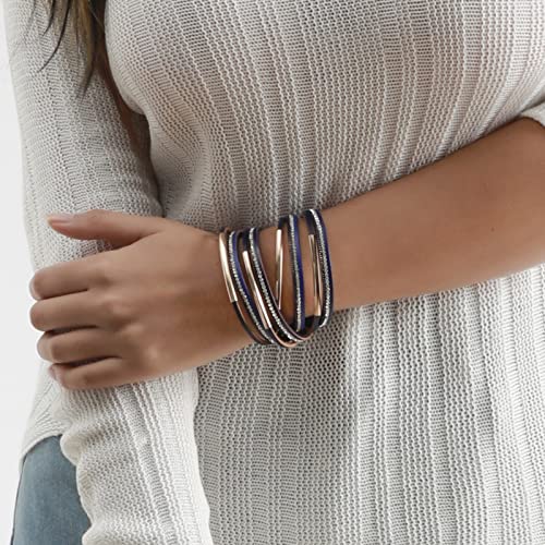 Artilady Leather Wrap Bracelets for Women - Pearl Bracelets Handmade Clasp Bangle Bracelet with Beads Jewelry Gift for Women and Mother - style: Blue with Gold bar