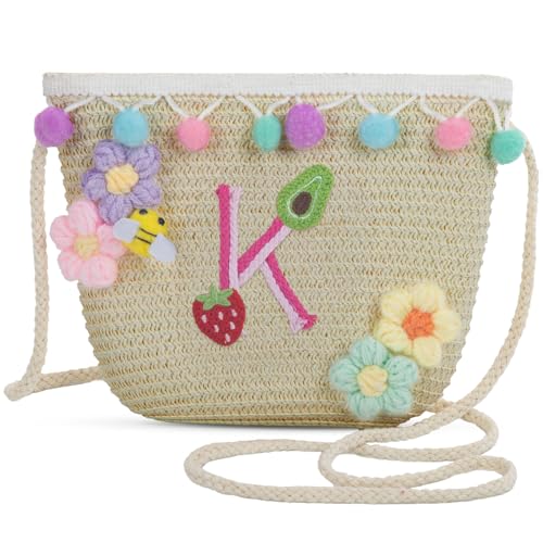 Letter Small Woven Straw Summer Beach Tote Bag for Women 2025,Woven Straw Beach Purse Shoulder Crossbody Bag for Women 2025 - color: Brown K